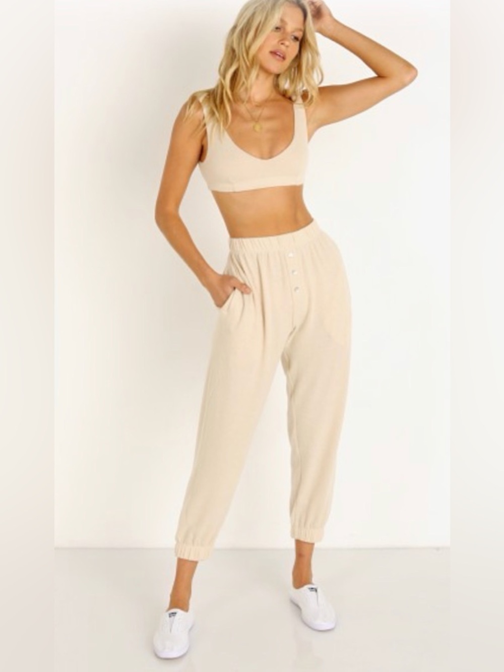 DONNI. Sweater Henley Sweatpants Cream soft Lounge Joggers Crème NWT